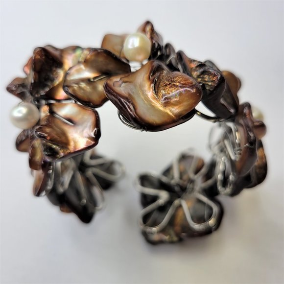 Dark Brown Cuff Bracelet with Pearls and Dyed Mother Of Pearl Shell Bangle -NEW - Picture 7 of 15